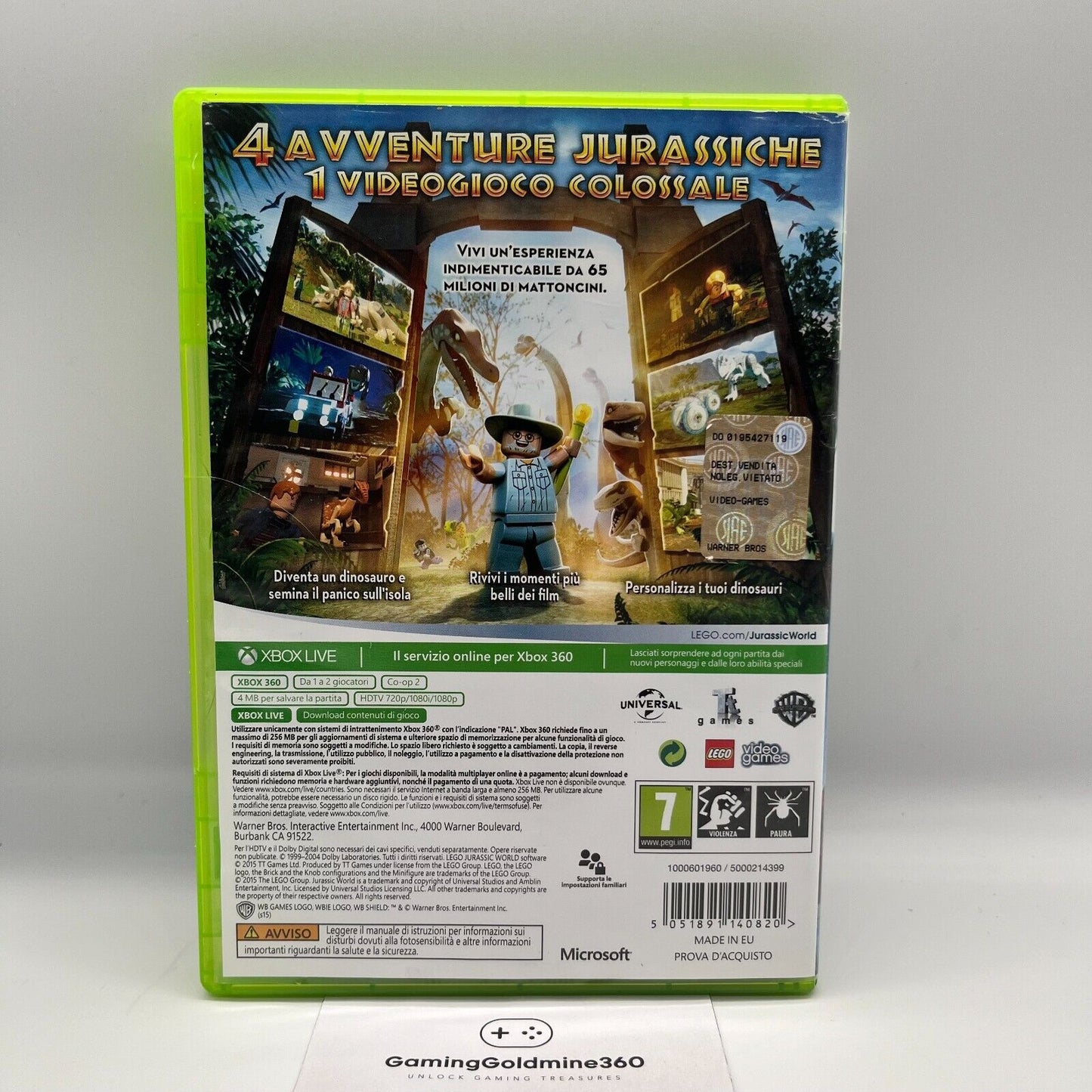 Lego Jurassic World Xbox 360 Italiano Completo con Manuale WB Microsoft OTTIMO