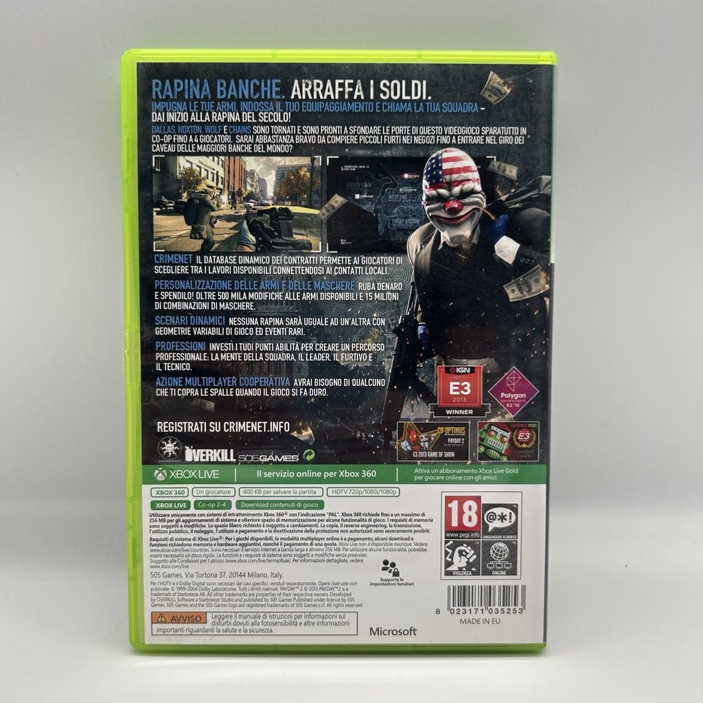 Payday 2 Xbox 360 PAL ITA Classics 505 Games Rapine Co-op FPS Testato Manuale