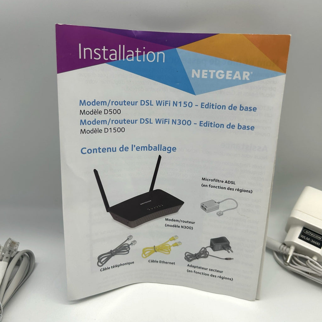 Netgear D1500 Modem Router ADSL2+ WiFi N300 Completo Manuale e Cavi Testato