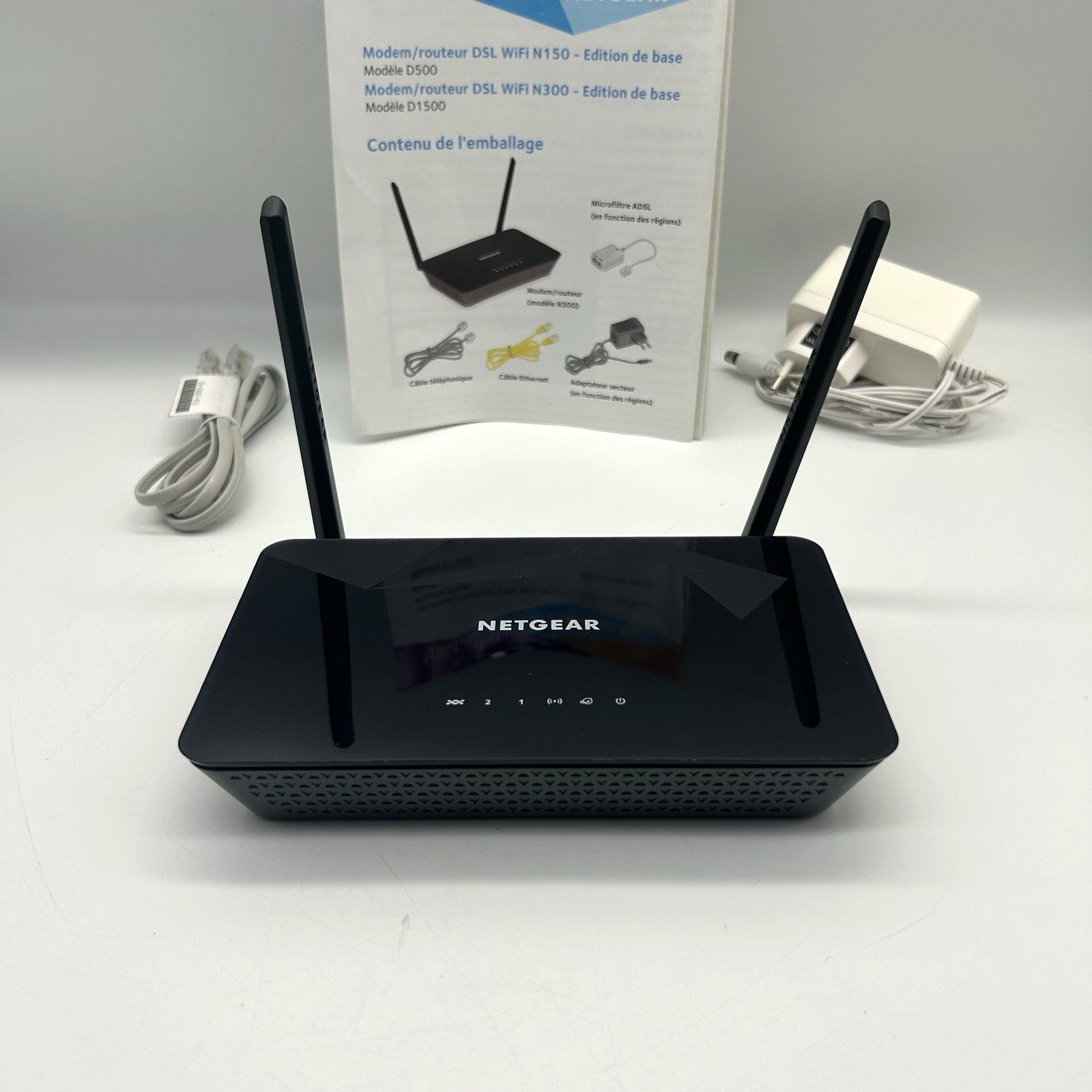 Netgear D1500 Modem Router ADSL2+ WiFi N300 Completo Manuale e Cavi Testato