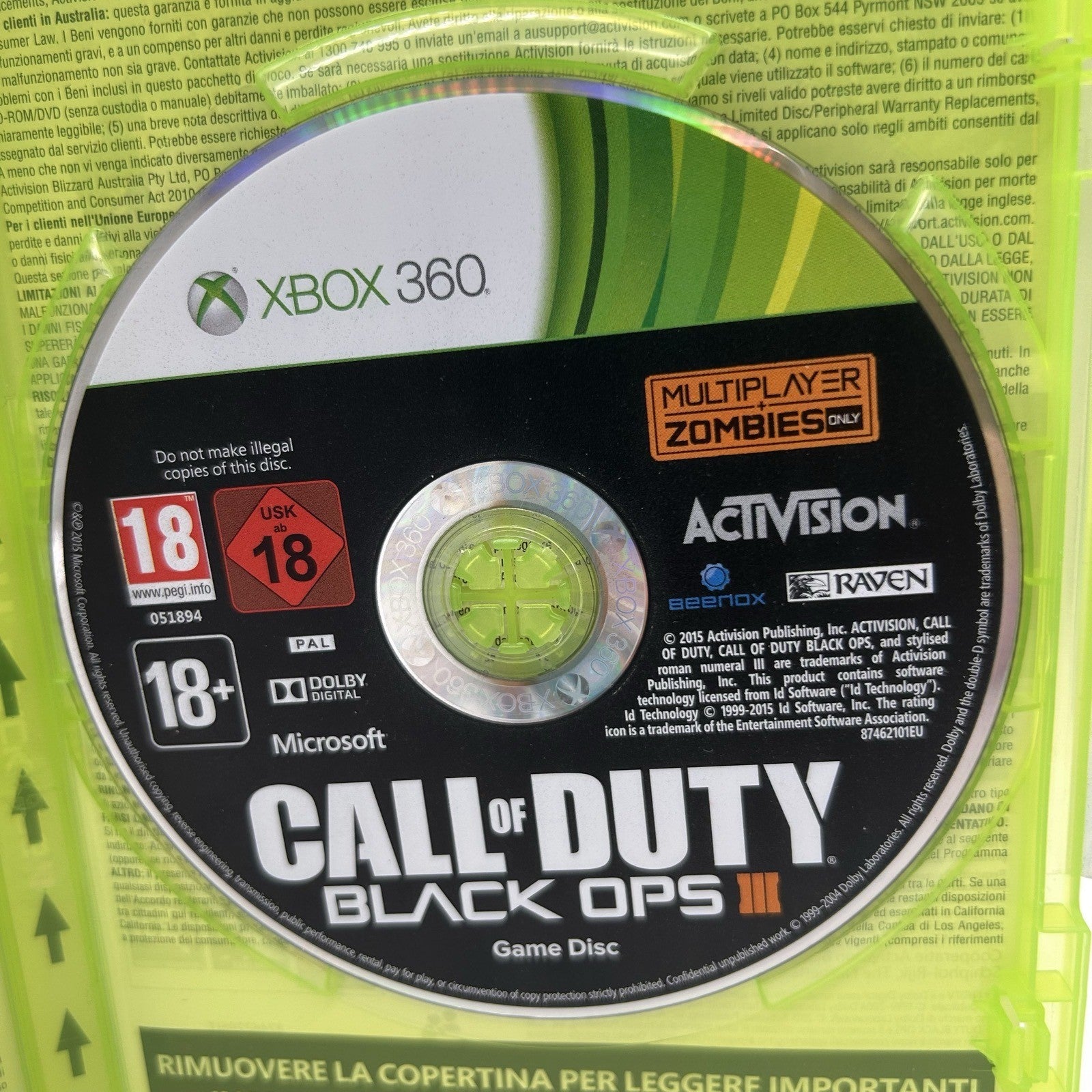 Call of Duty Black Ops 3 III Xbox 360 PAL ITA Multiplayer Zombies Activision