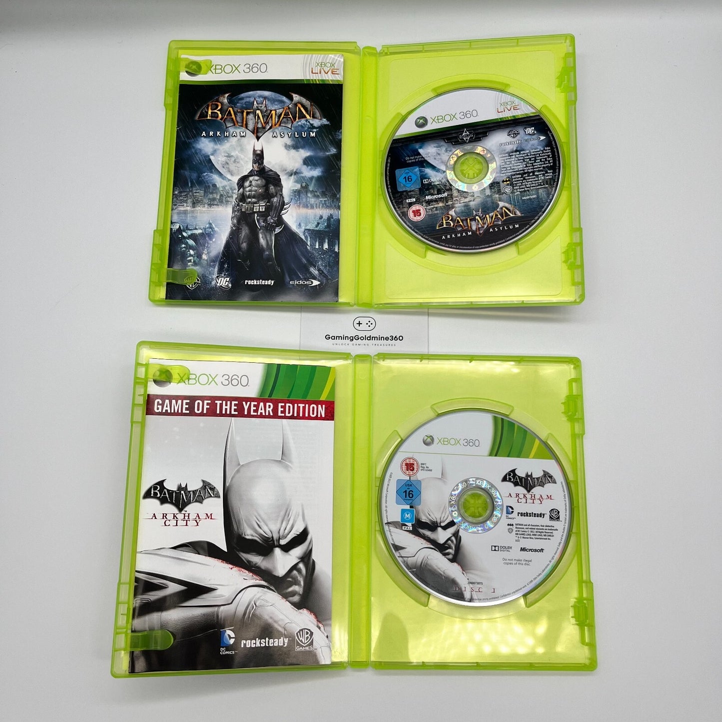 BATMAN Arkham Asylum + Arkham City Xbox 360 PAL Rocksteady WB Eidos Microsoft