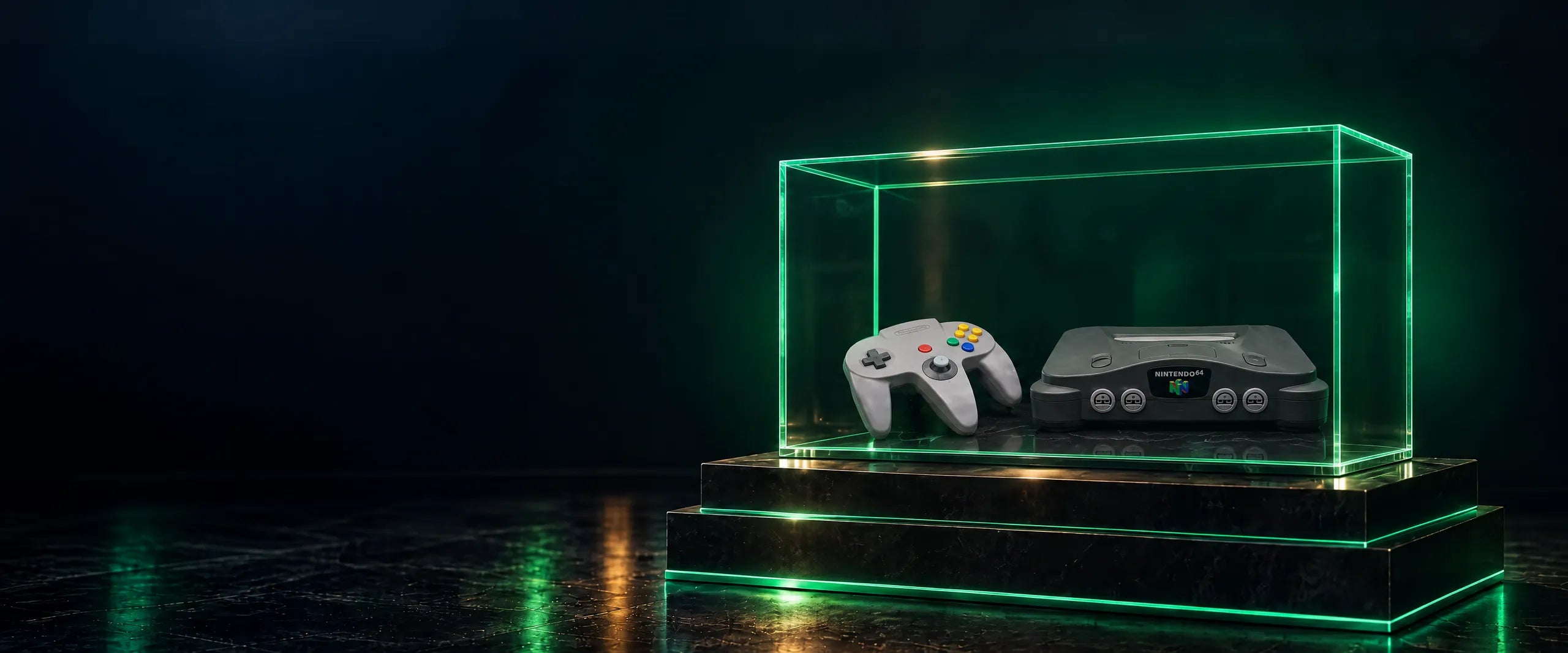 Nintendo 64 con controller originale in una teca illuminata